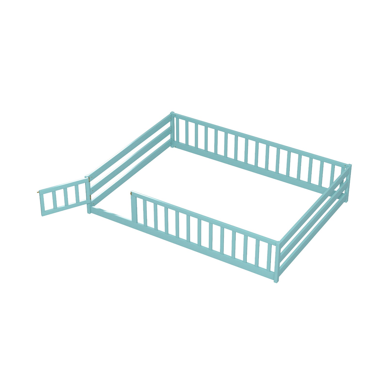 Montessori Full Size Floor Bed with Full-Length Safety Guardrails – Solid Wood Kids Bed Frame with Lockable Door