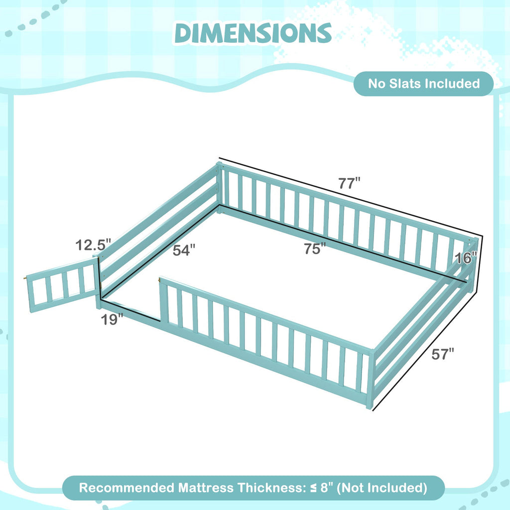 Montessori Full Size Floor Bed with Full-Length Safety Guardrails – Solid Wood Kids Bed Frame with Lockable Door