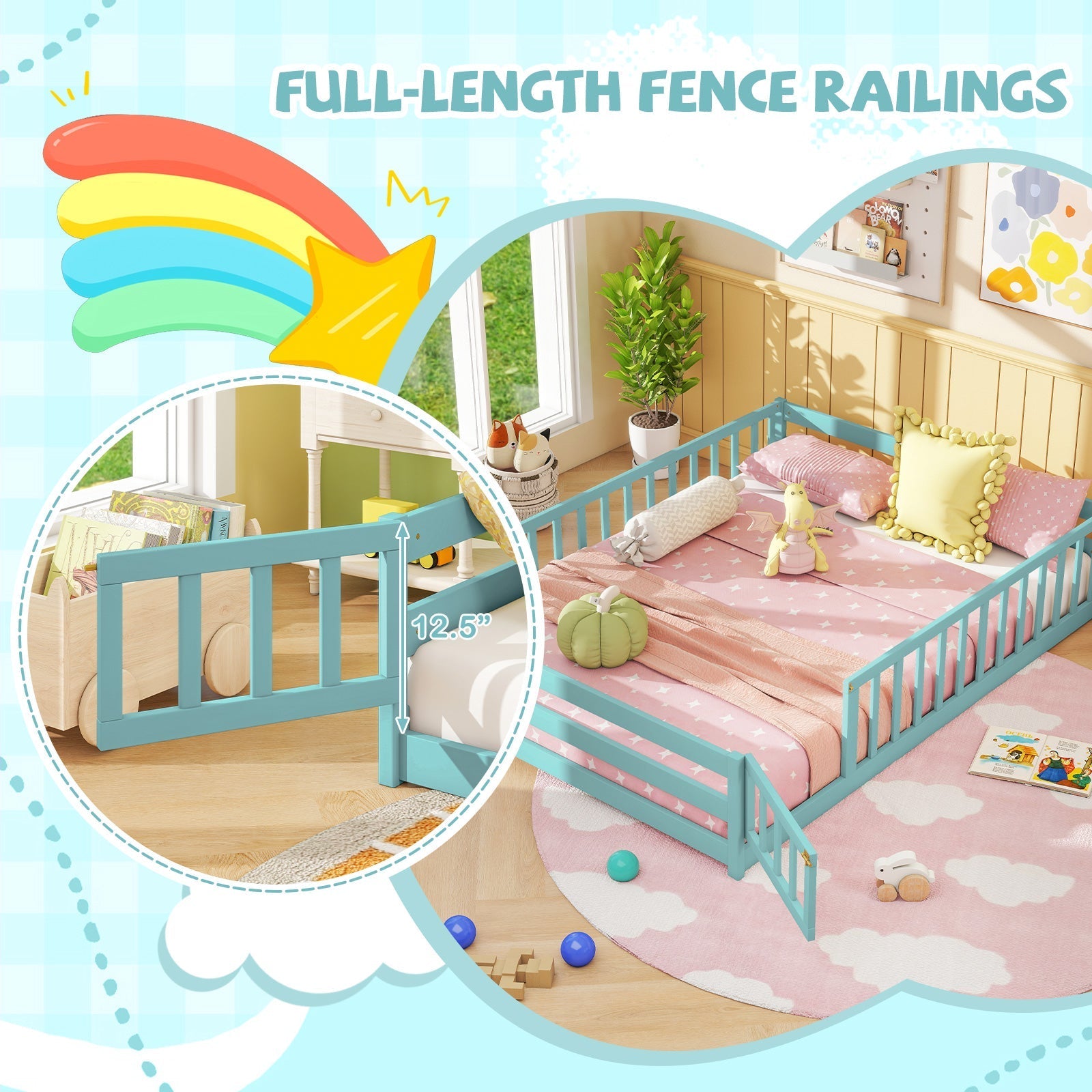 Montessori Full Size Floor Bed with Full-Length Safety Guardrails – Solid Wood Kids Bed Frame with Lockable Door