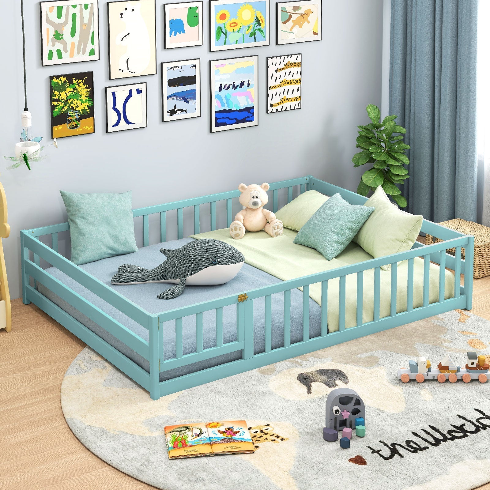 Montessori Full Size Floor Bed with Full-Length Safety Guardrails – Solid Wood Kids Bed Frame with Lockable Door