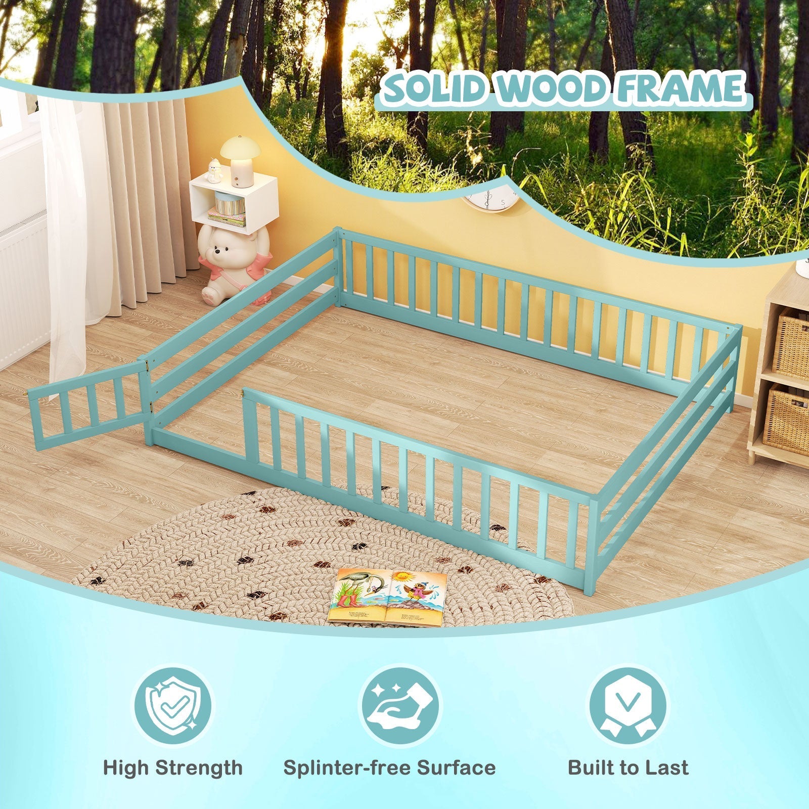 Montessori Full Size Floor Bed with Full-Length Safety Guardrails – Solid Wood Kids Bed Frame with Lockable Door