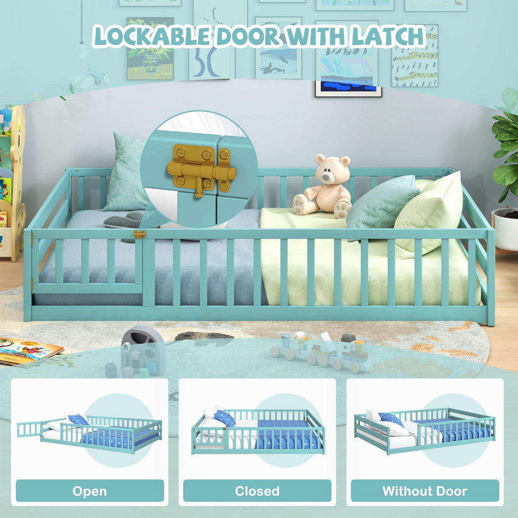 Montessori Full Size Floor Bed with Full-Length Safety Guardrails – Solid Wood Kids Bed Frame with Lockable Door