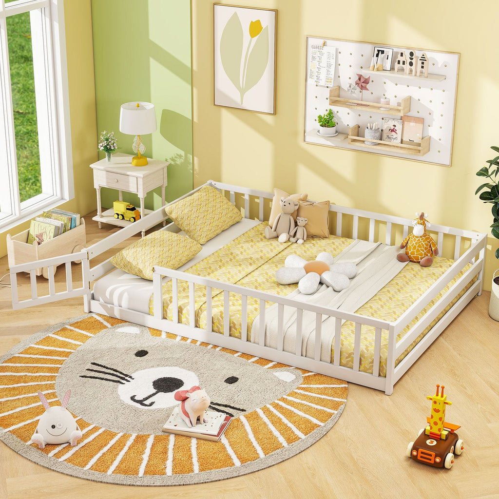Montessori Full Size Floor Bed with Full-Length Safety Guardrails – Solid Wood Kids Bed Frame with Lockable Door