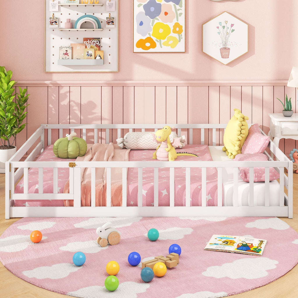 Montessori Full Size Floor Bed with Full-Length Safety Guardrails – Solid Wood Kids Bed Frame with Lockable Door