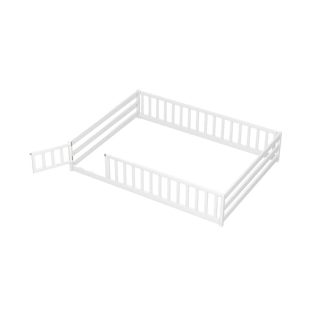 Montessori Full Size Floor Bed with Full-Length Safety Guardrails – Solid Wood Kids Bed Frame with Lockable Door