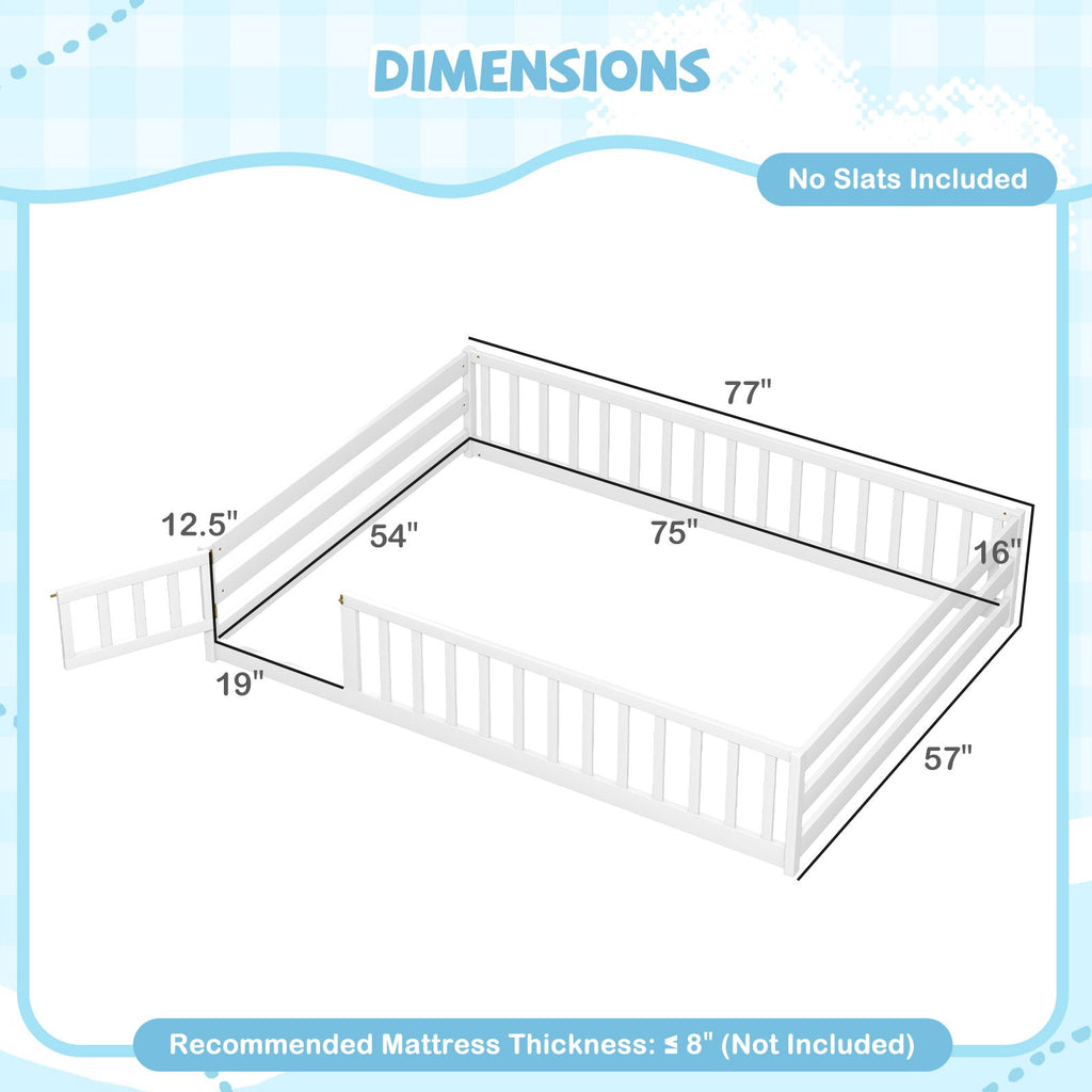 Montessori Full Size Floor Bed with Full-Length Safety Guardrails – Solid Wood Kids Bed Frame with Lockable Door