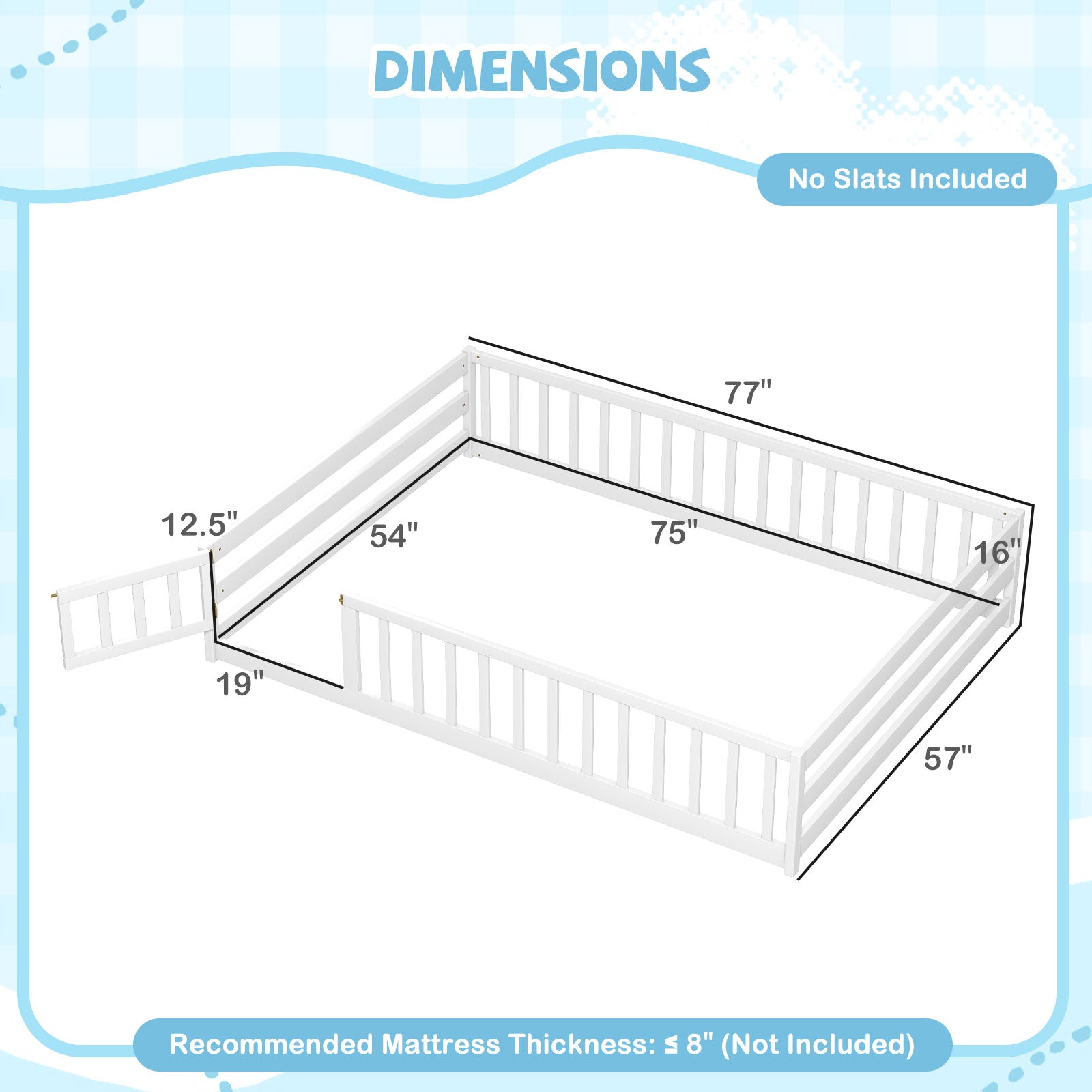 Montessori Full Size Floor Bed with Full-Length Safety Guardrails – Solid Wood Kids Bed Frame with Lockable Door