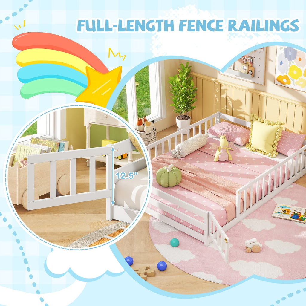 Montessori Full Size Floor Bed with Full-Length Safety Guardrails – Solid Wood Kids Bed Frame with Lockable Door