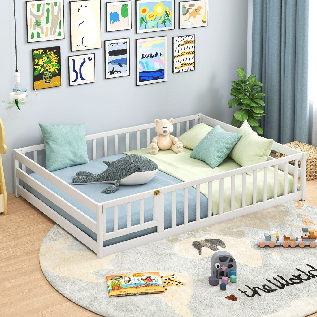 Montessori Full Size Floor Bed with Full-Length Safety Guardrails – Solid Wood Kids Bed Frame with Lockable Door