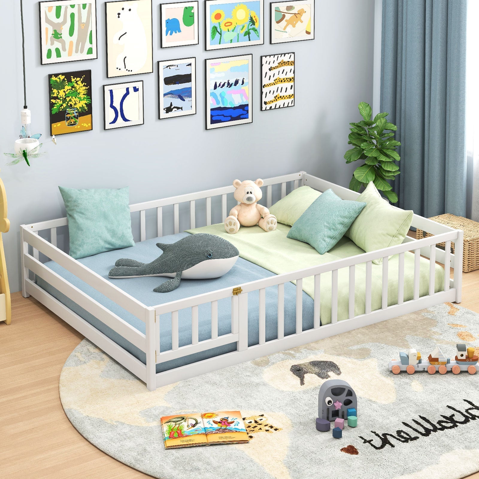 Montessori Full Size Floor Bed with Full-Length Safety Guardrails – Solid Wood Kids Bed Frame with Lockable Door