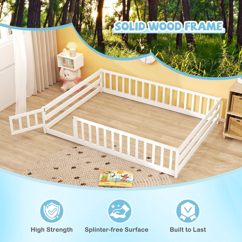 Montessori Full Size Floor Bed with Full-Length Safety Guardrails – Solid Wood Kids Bed Frame with Lockable Door