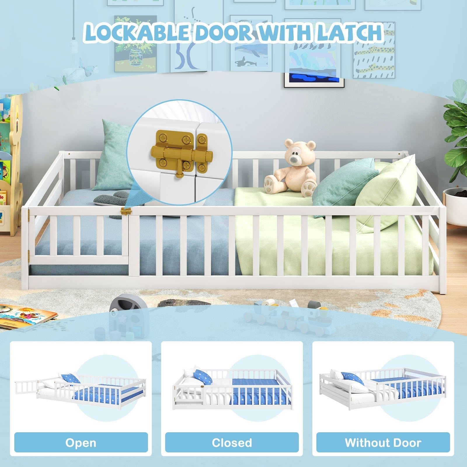 Montessori Full Size Floor Bed with Full-Length Safety Guardrails – Solid Wood Kids Bed Frame with Lockable Door
