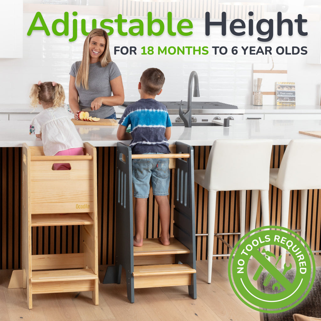 Montessori Toddler Tower with Sliding Safety Door – Adjustable Learning Tower for Kids in 5 Colors