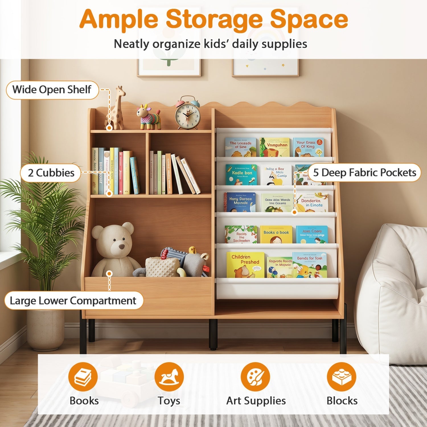 Kids Bookshelf & Toy Storage Organizer – 5-Cubby Children's Bookcase for Nursery & Playroom