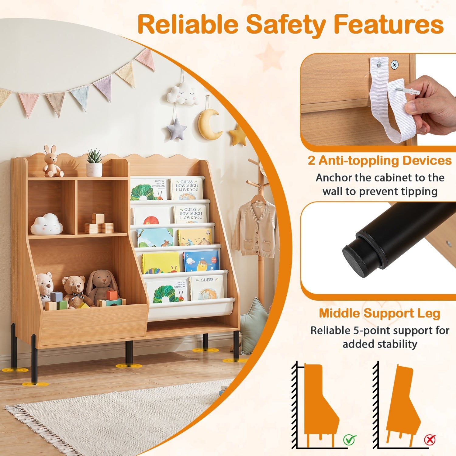 Kids Bookshelf & Toy Storage Organizer – 5-Cubby Children's Bookcase for Nursery & Playroom