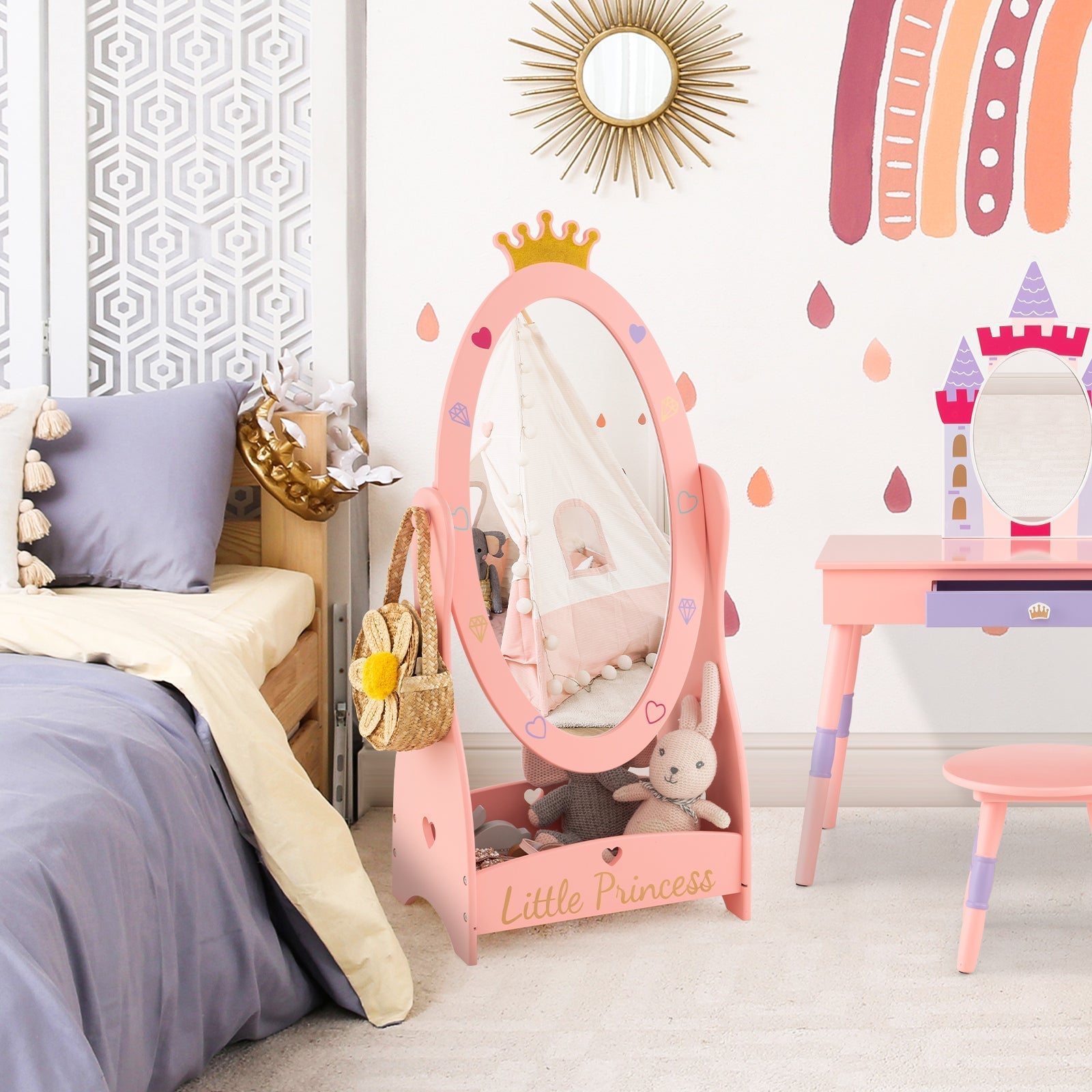 Kids Full Length Mirror with 360° Rotating Design & Shelf – Pink Girls Room Décor