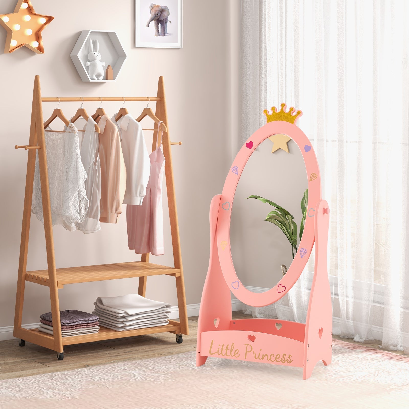Kids Full Length Mirror with 360° Rotating Design & Shelf – Pink Girls Room Décor