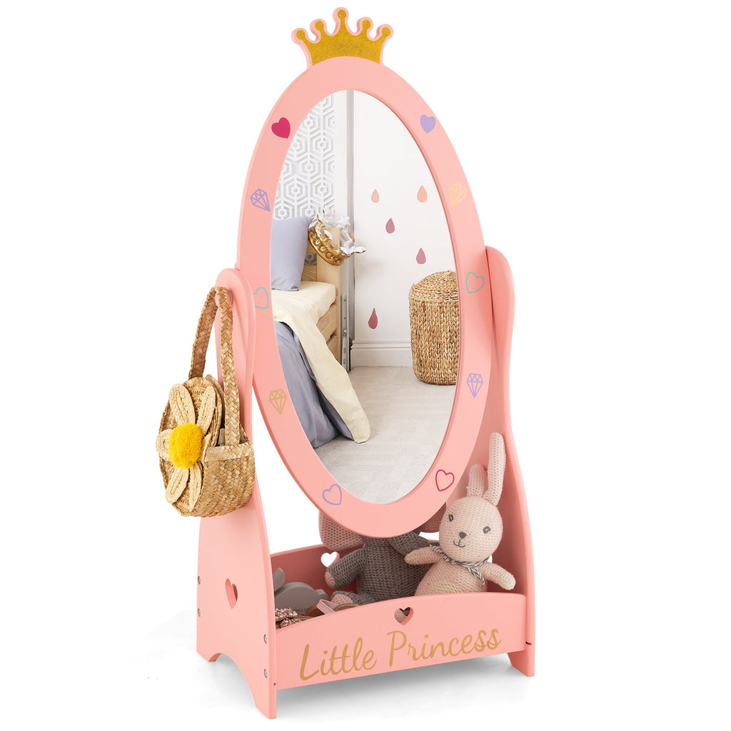Kids Full Length Mirror with 360° Rotating Design & Shelf – Pink Girls Room Décor