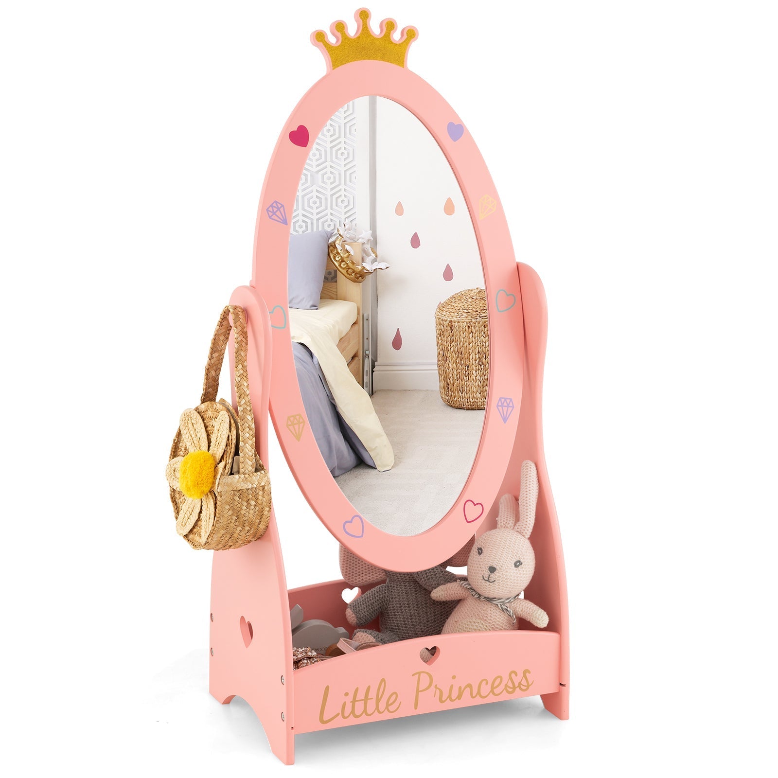 Kids Full Length Mirror with 360° Rotating Design & Shelf – Pink Girls Room Décor