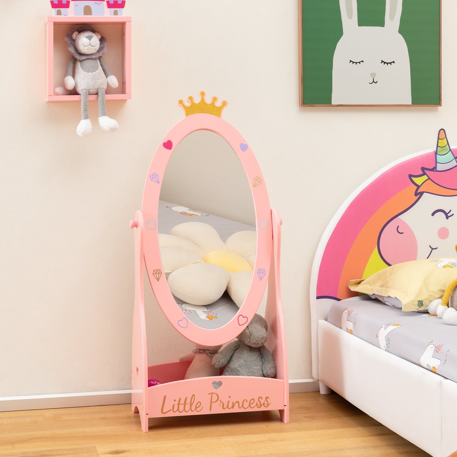 Kids Full Length Mirror with 360° Rotating Design & Shelf – Pink Girls Room Décor