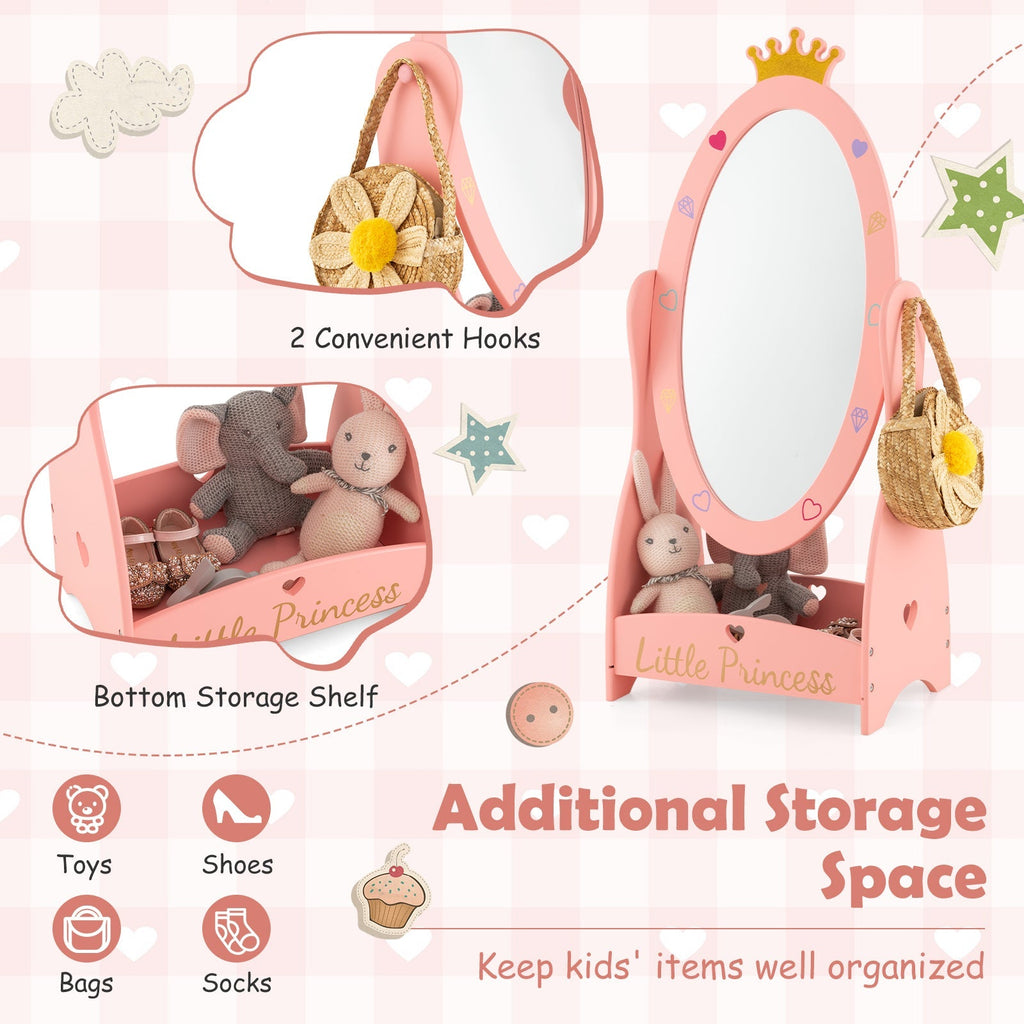 Kids Full Length Mirror with 360° Rotating Design & Shelf – Pink Girls Room Décor