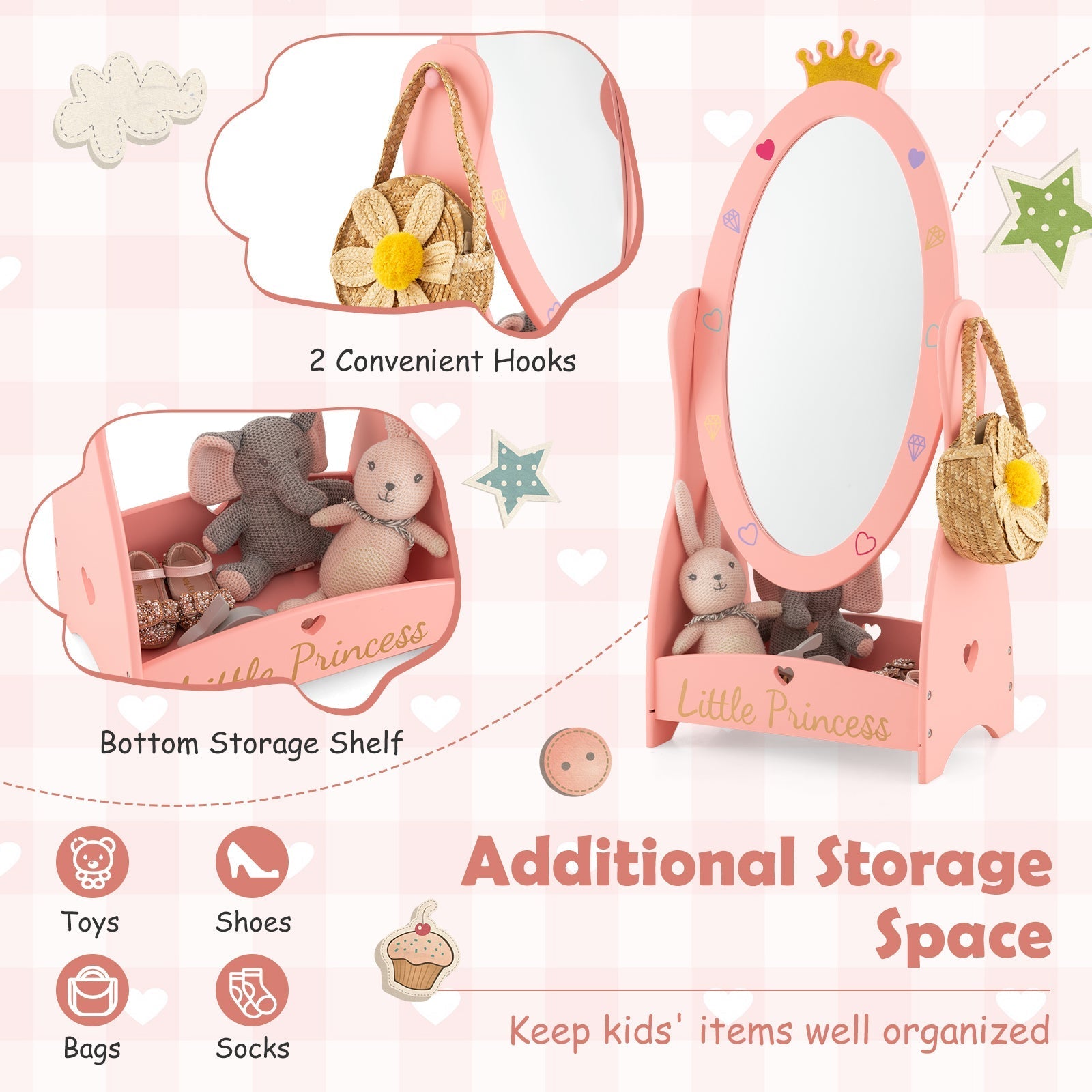 Kids Full Length Mirror with 360° Rotating Design & Shelf – Pink Girls Room Décor