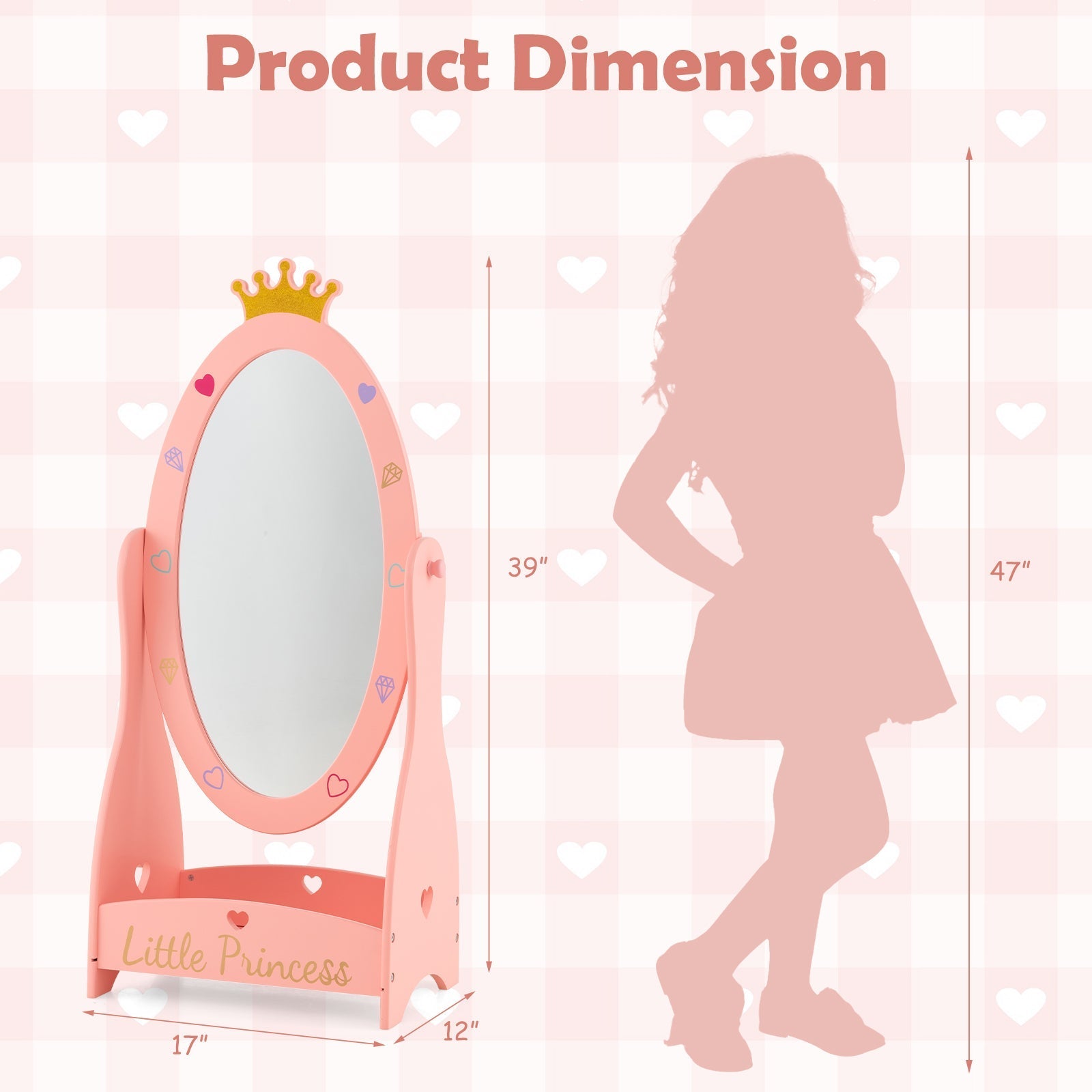 Kids Full Length Mirror with 360° Rotating Design & Shelf – Pink Girls Room Décor