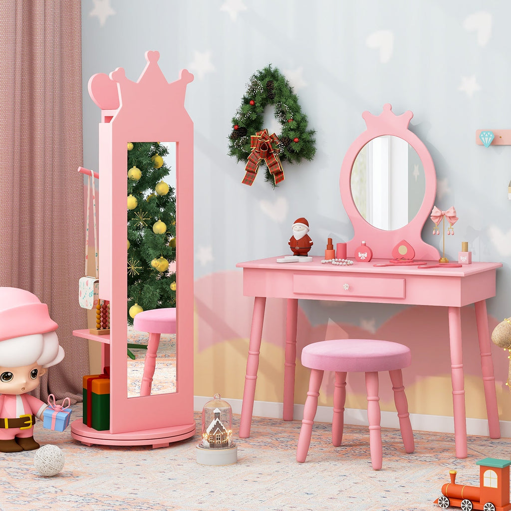 Princess Vanity Table & Stool Set for Girls – Kids Makeup Table with Mirror & Drawer