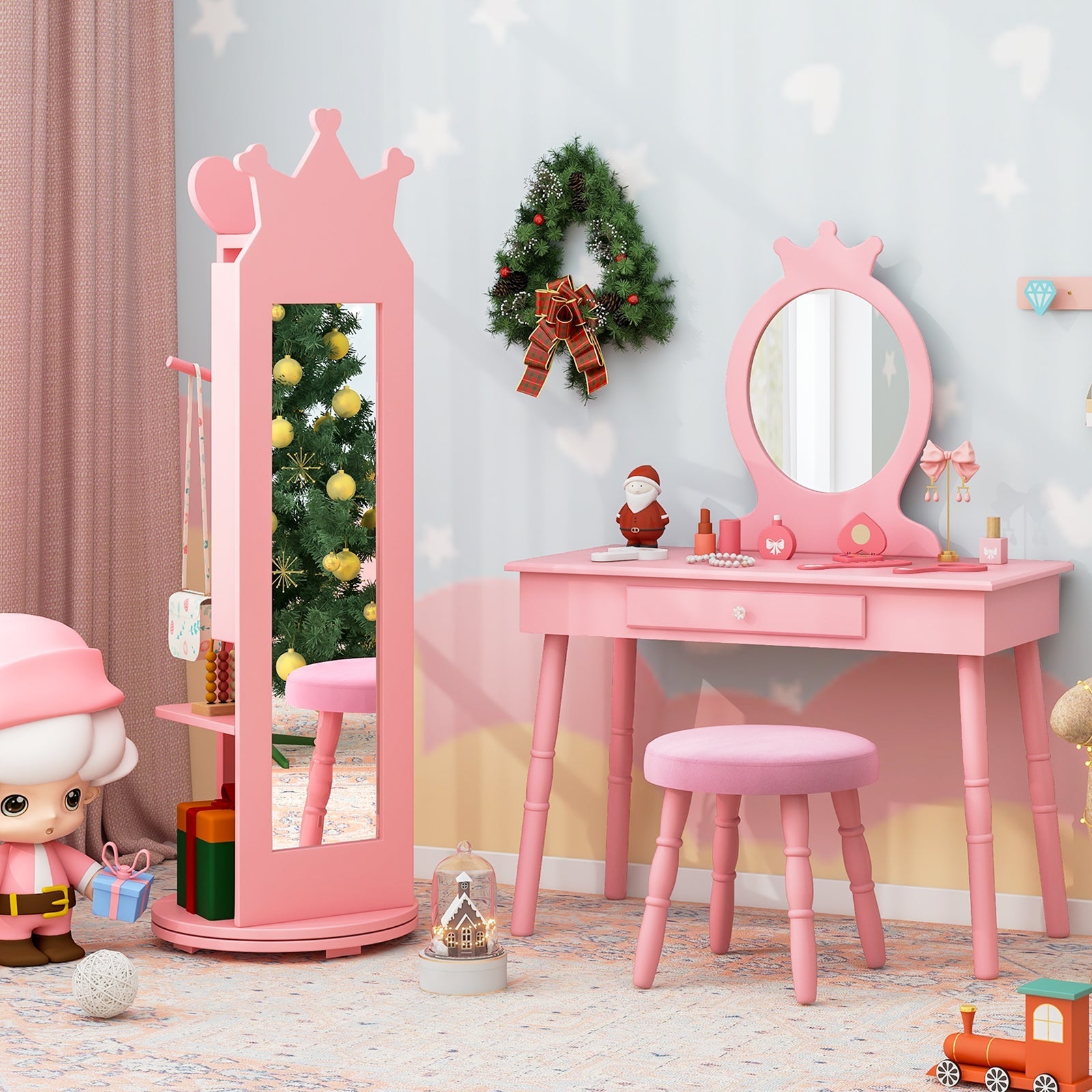 Princess Vanity Table & Stool Set for Girls – Kids Makeup Table with Mirror & Drawer