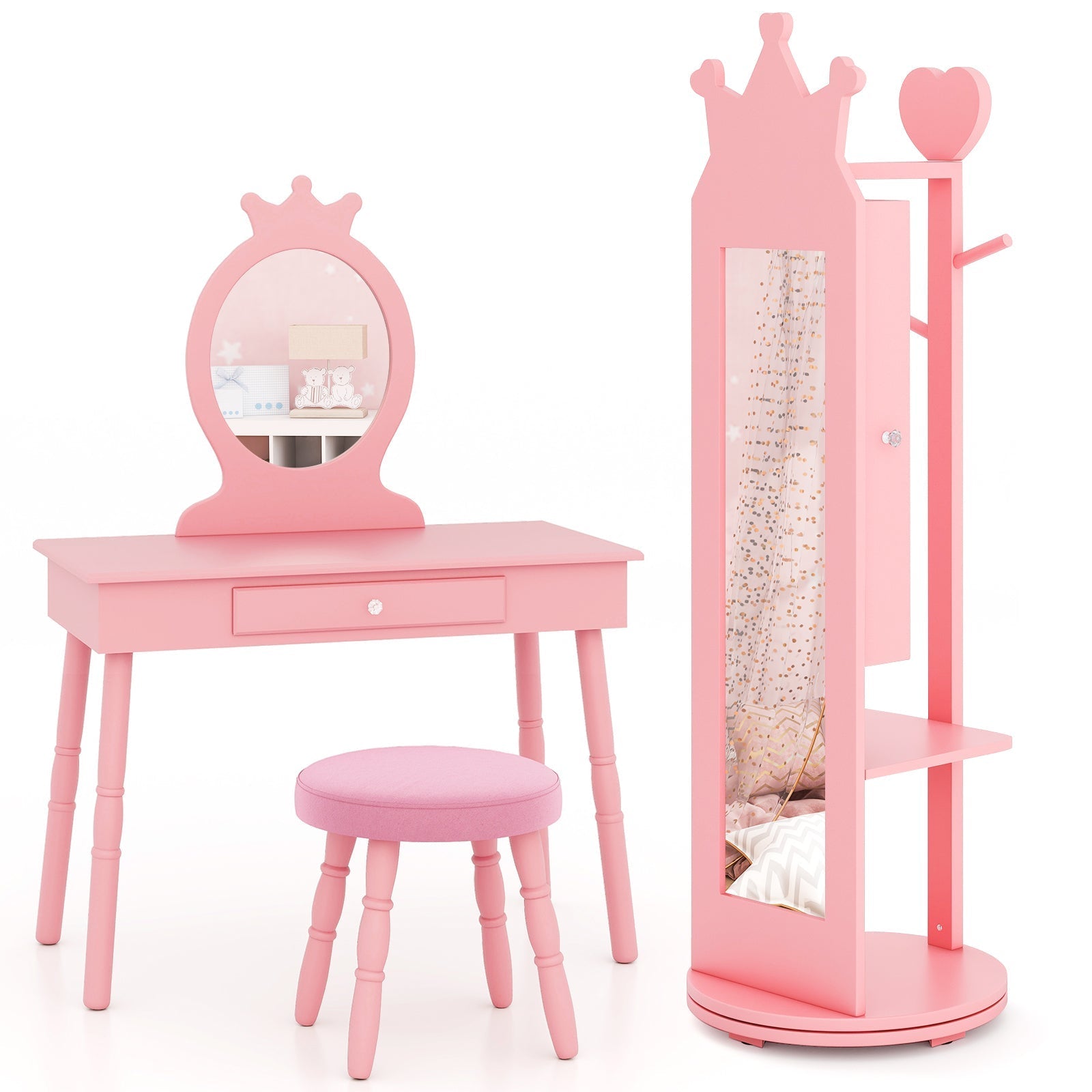 Princess Vanity Table & Stool Set for Girls – Kids Makeup Table with Mirror & Drawer