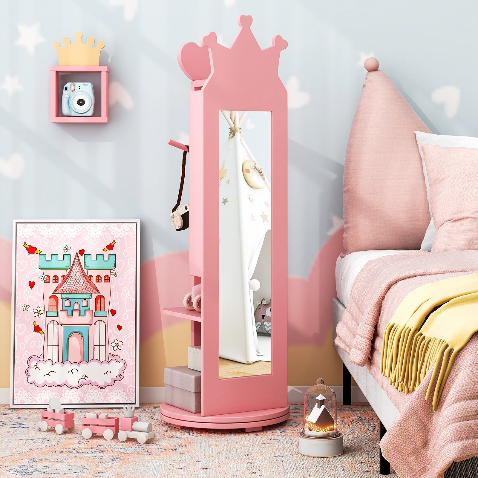 Princess Vanity Table & Stool Set for Girls – Kids Makeup Table with Mirror & Drawer