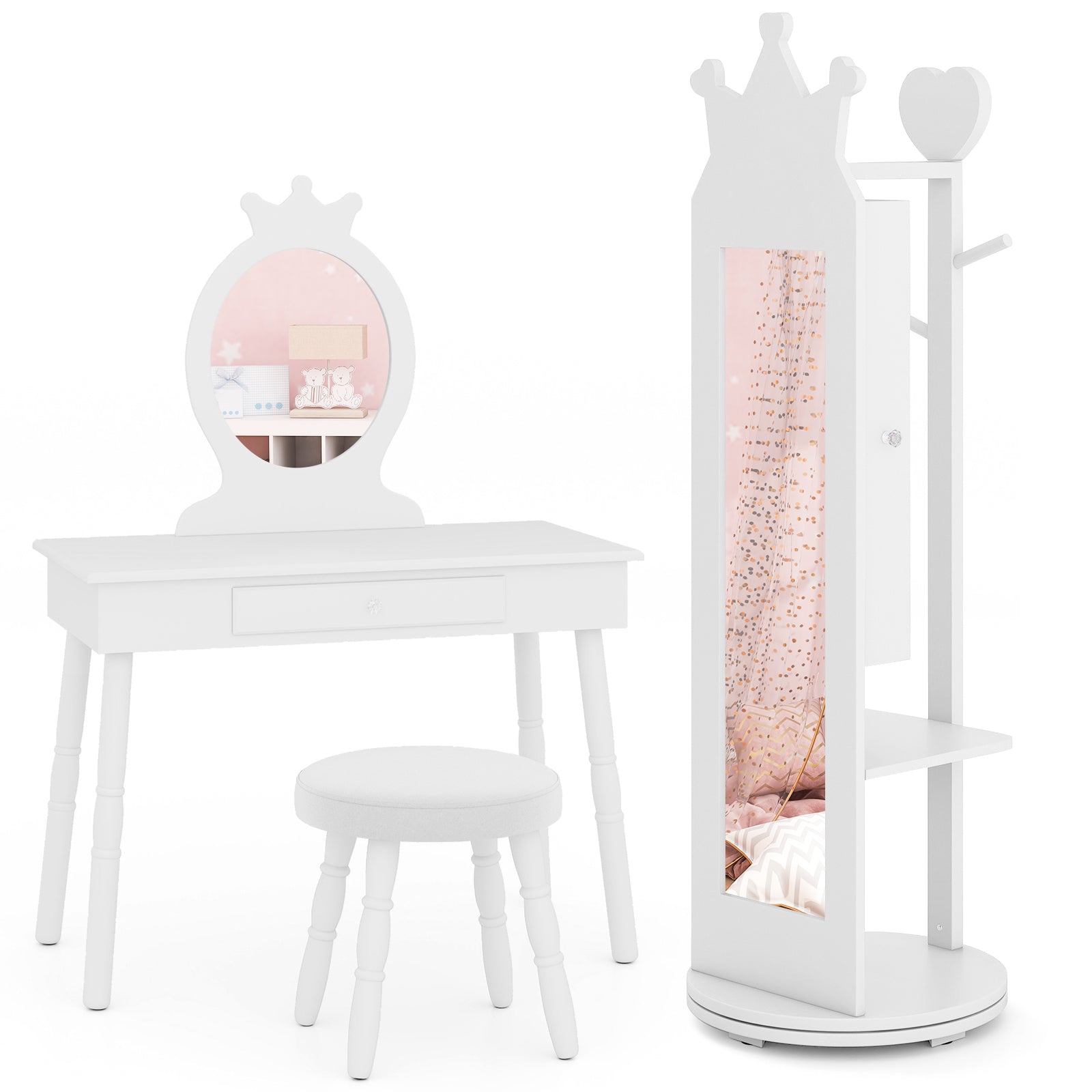Princess Vanity Table & Stool Set for Girls – Kids Makeup Table with Mirror & Drawer