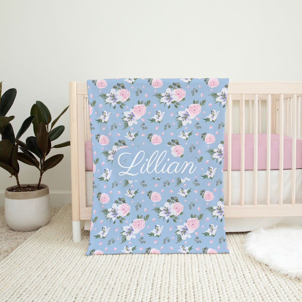 Lillian Floral Personalized Minky Blanket – Custom Name Baby, Toddler & Throw Sizes in Soft-Touch Polyester