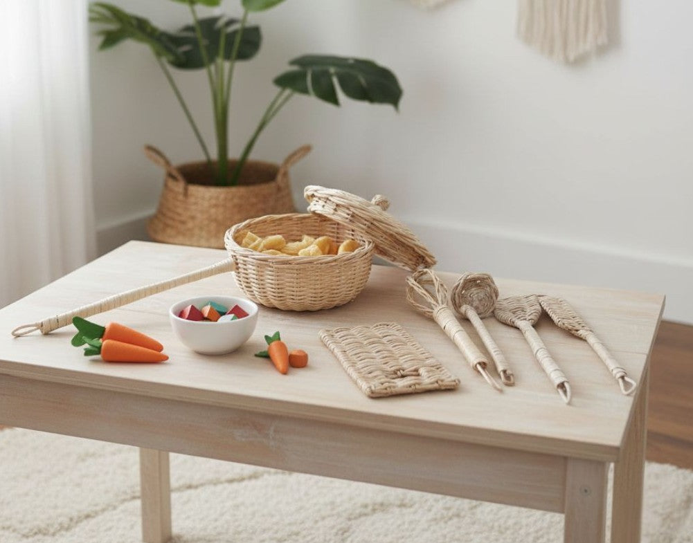 Handmade Rattan Play Kitchen Utensils - Montessori Pretend Play Cooking Set