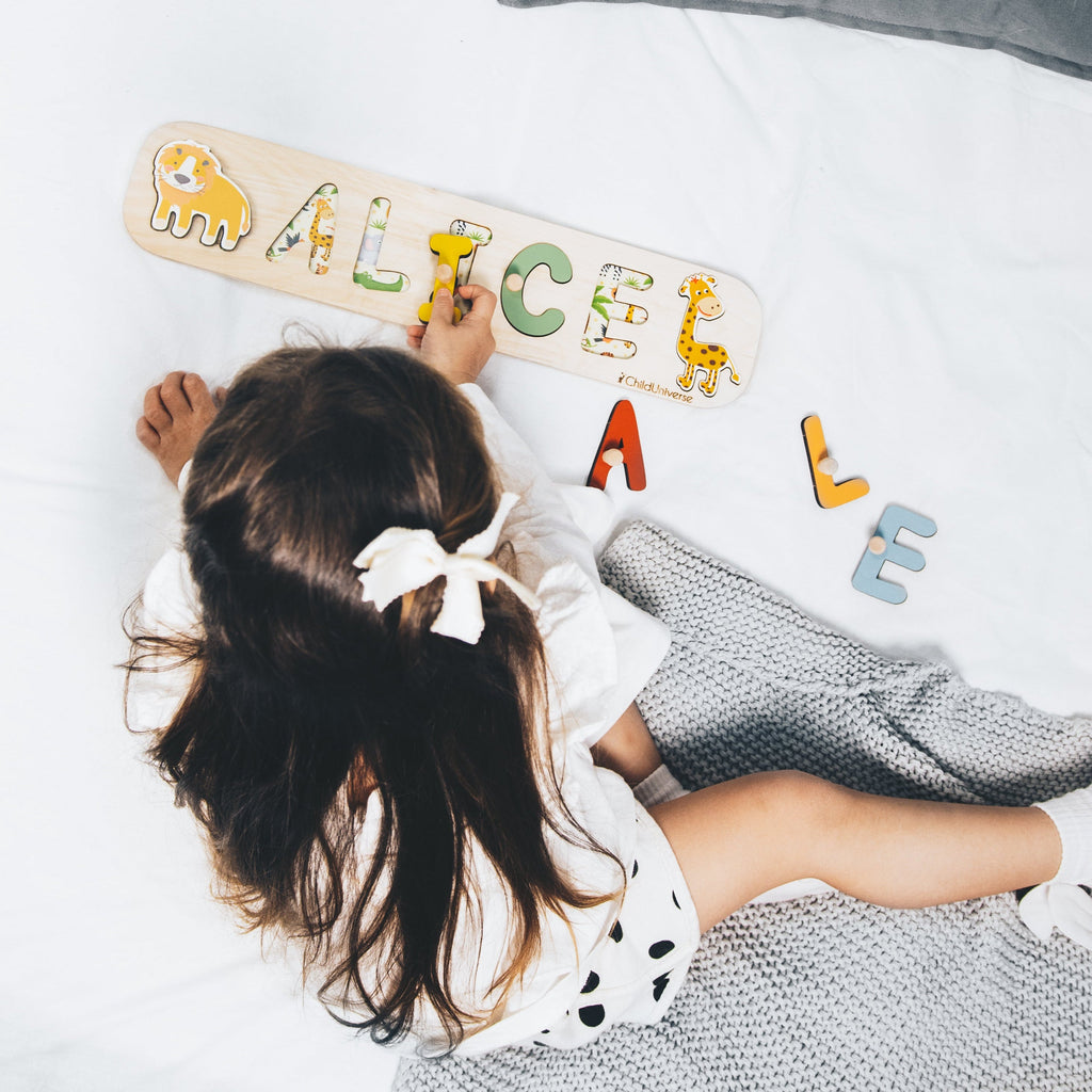 Personalized Safari Name Puzzle for Kids – Wooden African Animal Name Board for Toddlers & Nursery Decor