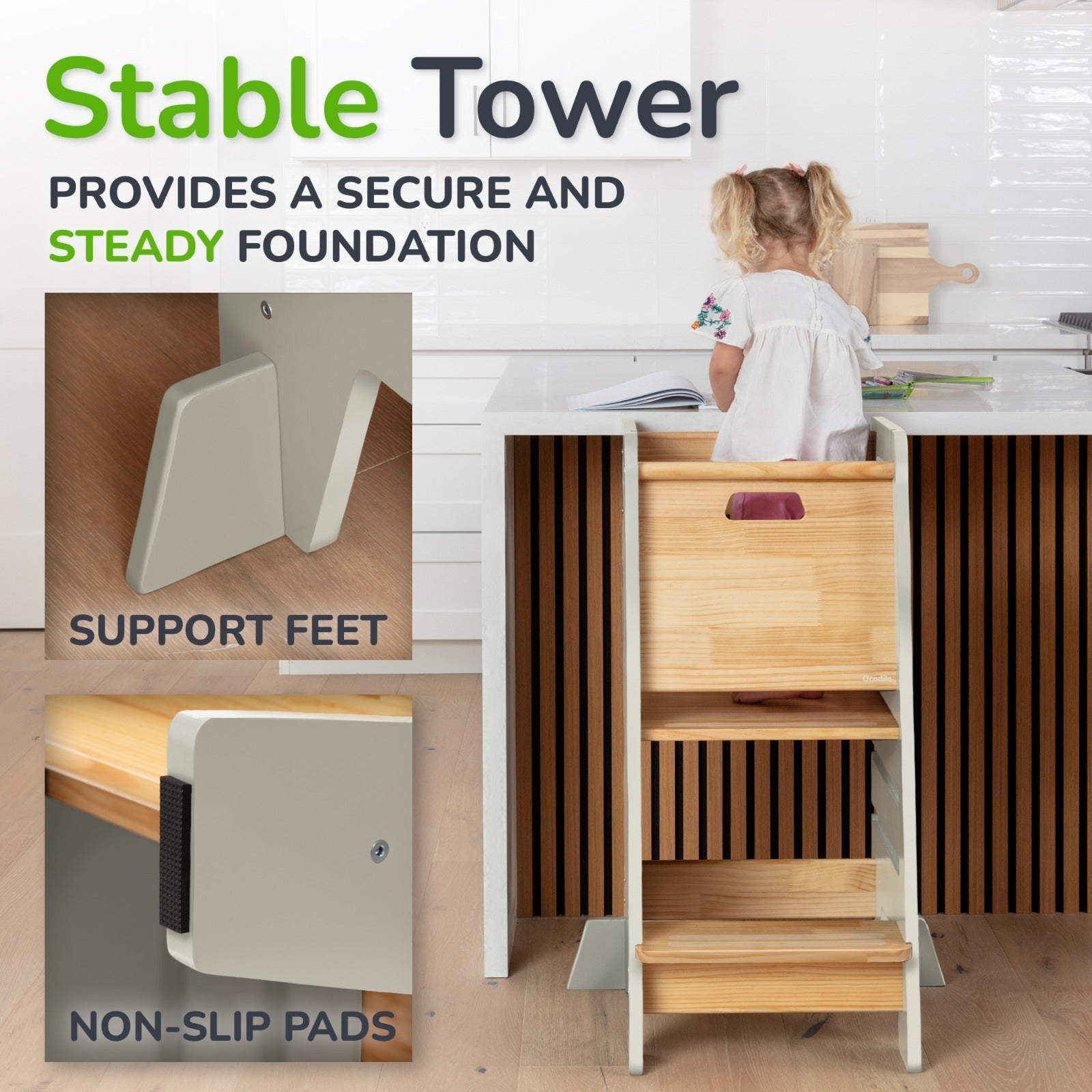 Montessori Toddler Tower with Sliding Safety Door – Adjustable Learning Tower for Kids in 5 Colors