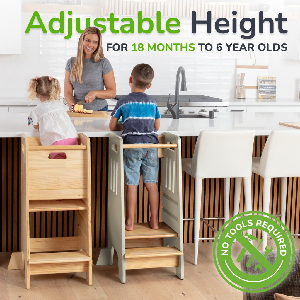 Montessori Toddler Tower with Sliding Safety Door – Adjustable Learning Tower for Kids in 5 Colors