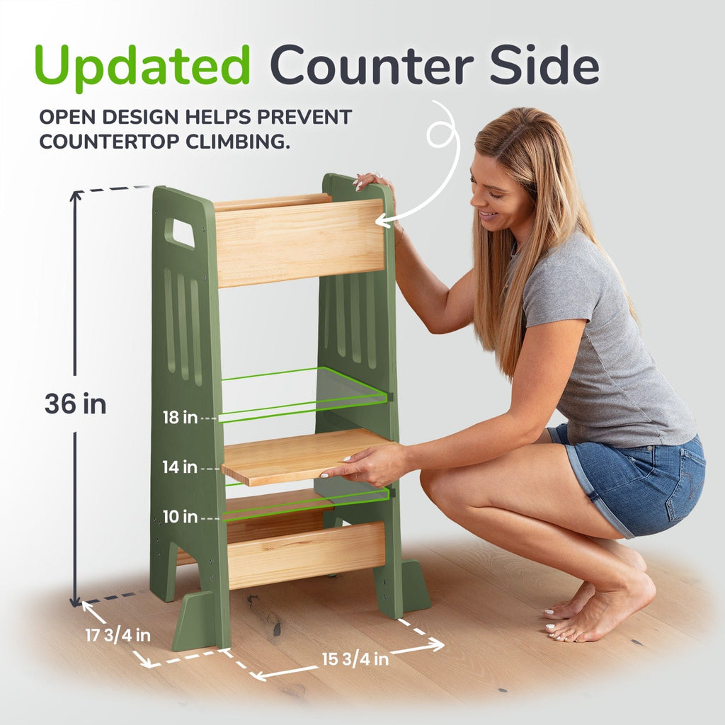 Montessori Toddler Tower with Sliding Safety Door – Adjustable Learning Tower for Kids in 5 Colors