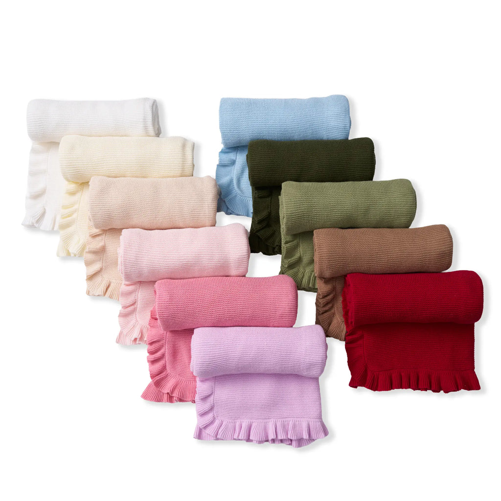 Ruffled Edge Knit Baby Blanket – Soft Boho Nursery Blanket in Mocha
