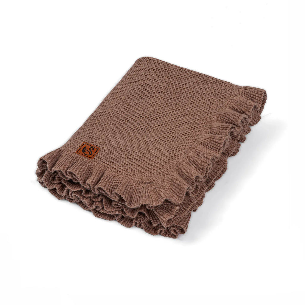 Ruffled Edge Knit Baby Blanket – Soft Boho Nursery Blanket in Mocha