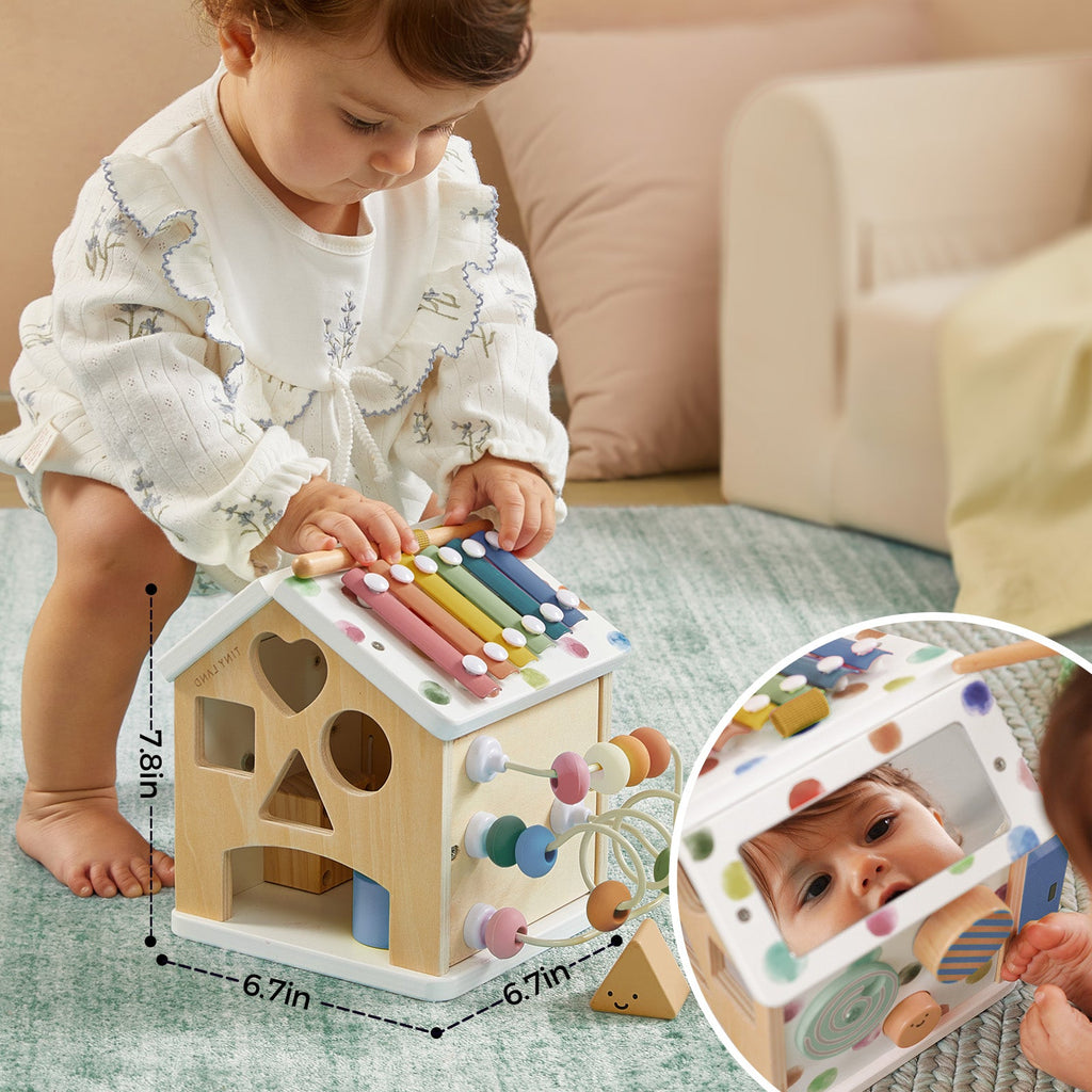 Tiny Land® Montessori Cottage Activity Cube in Morandi – 6-in-1 Sensory Learning Toy for Babies 6 Months+