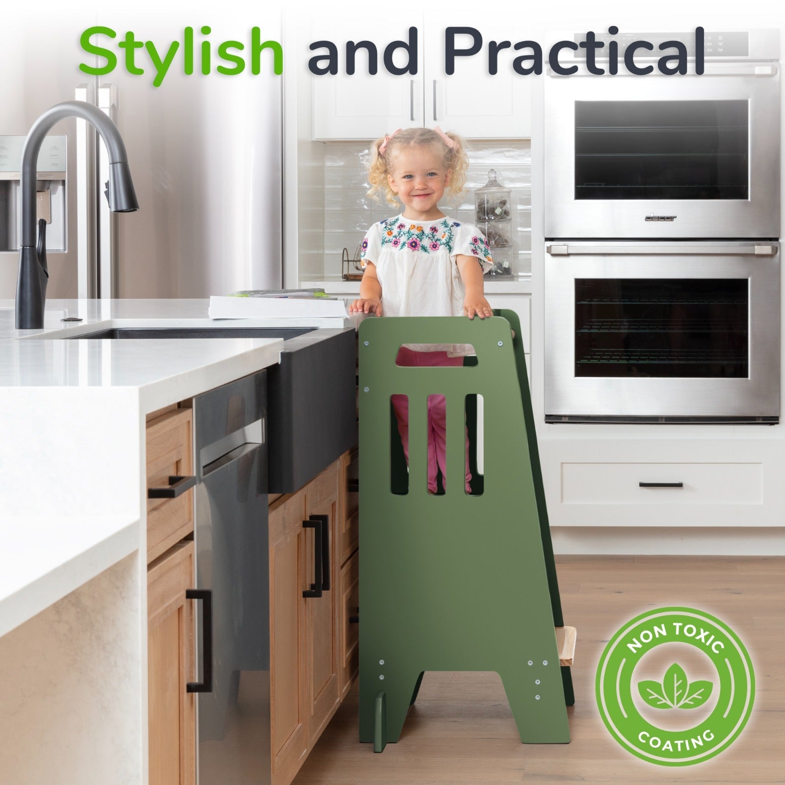 Montessori Toddler Tower with Sliding Safety Door – Adjustable Learning Tower for Kids in 5 Colors