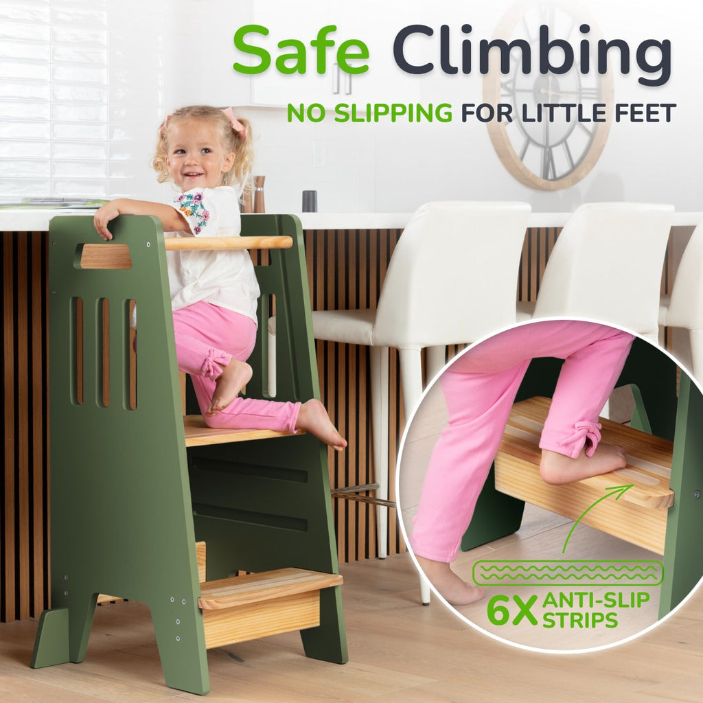 Montessori Toddler Tower with Sliding Safety Door – Adjustable Learning Tower for Kids in 5 Colors