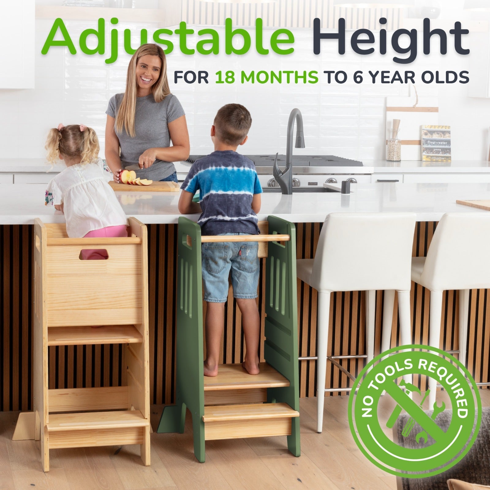 Montessori Toddler Tower with Sliding Safety Door – Adjustable Learning Tower for Kids in 5 Colors
