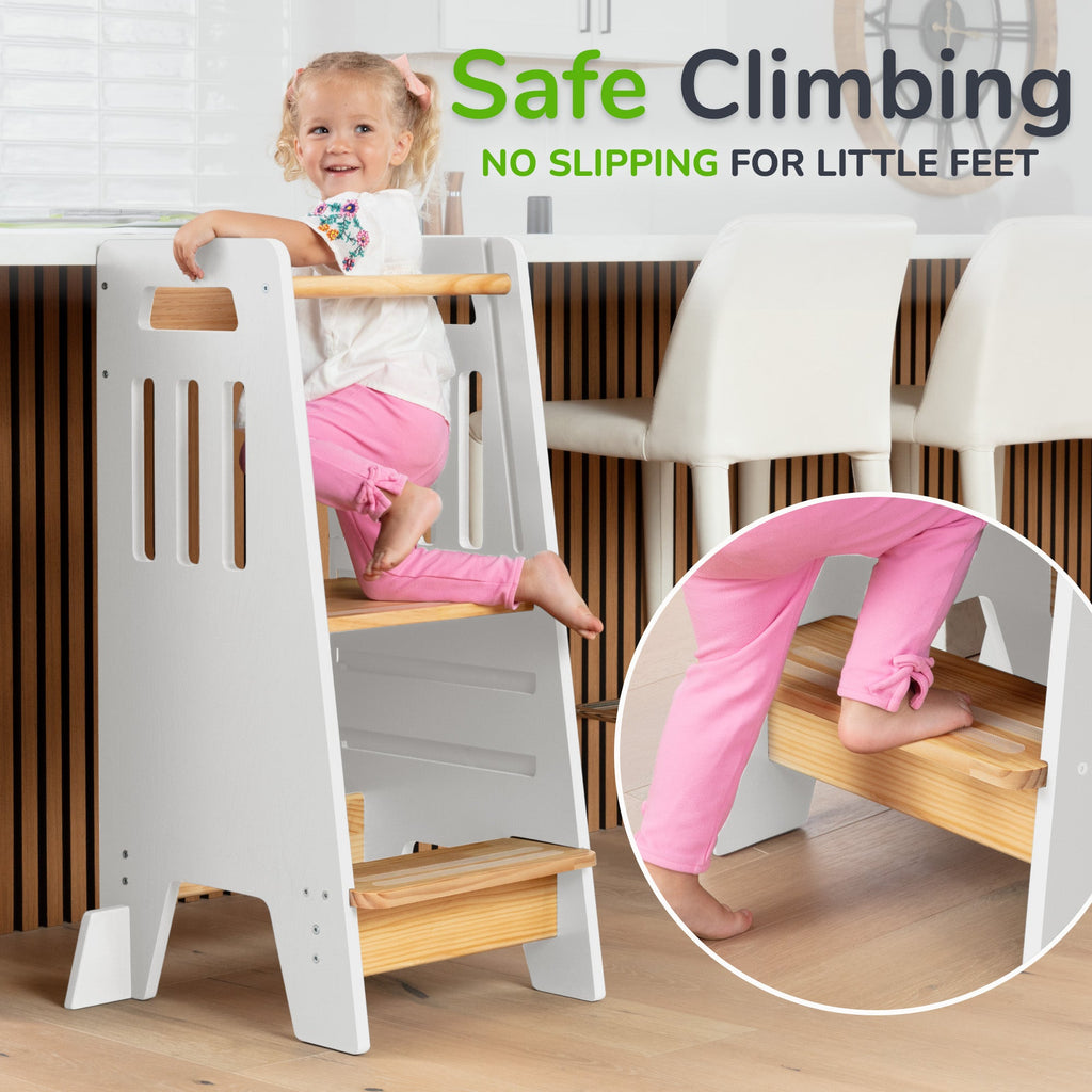 Montessori Toddler Tower with Sliding Safety Door – Adjustable Learning Tower for Kids in 5 Colors