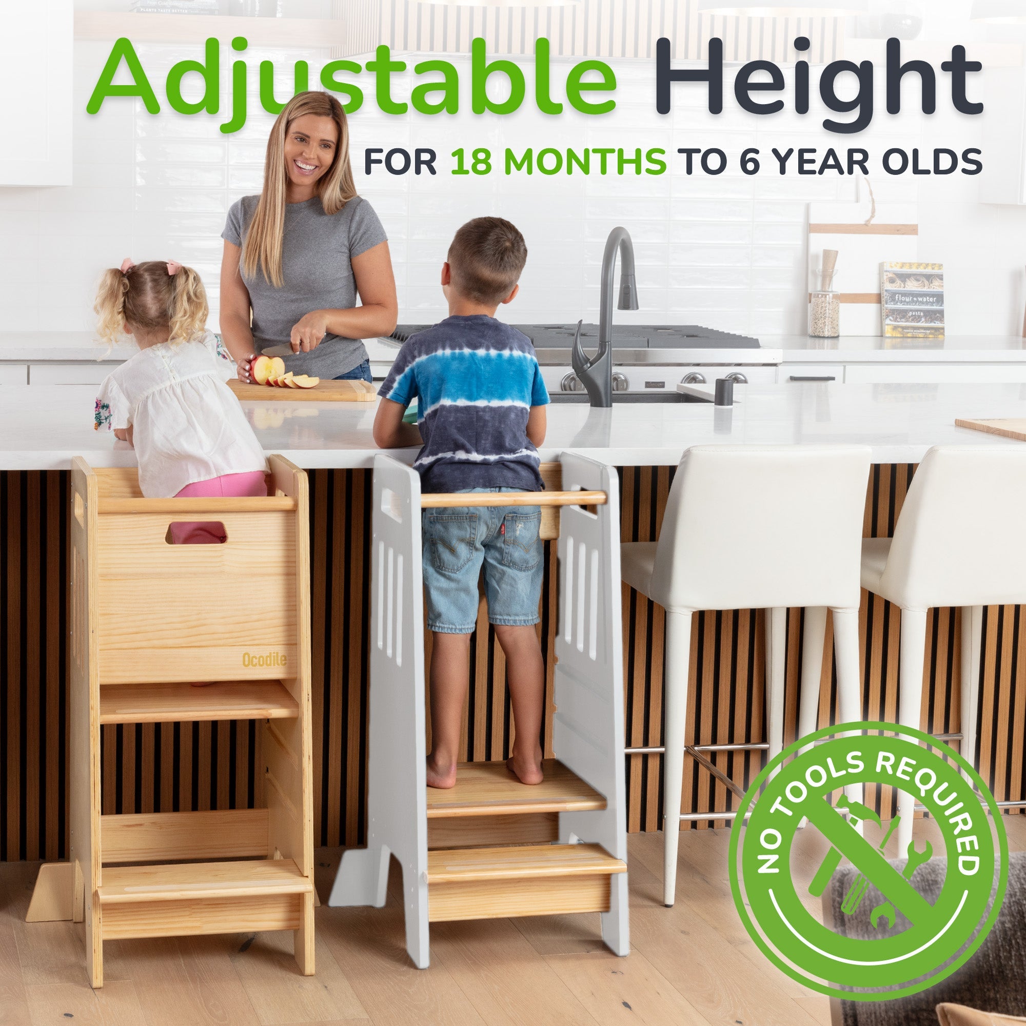 Montessori Toddler Tower with Sliding Safety Door – Adjustable Learning Tower for Kids in 5 Colors