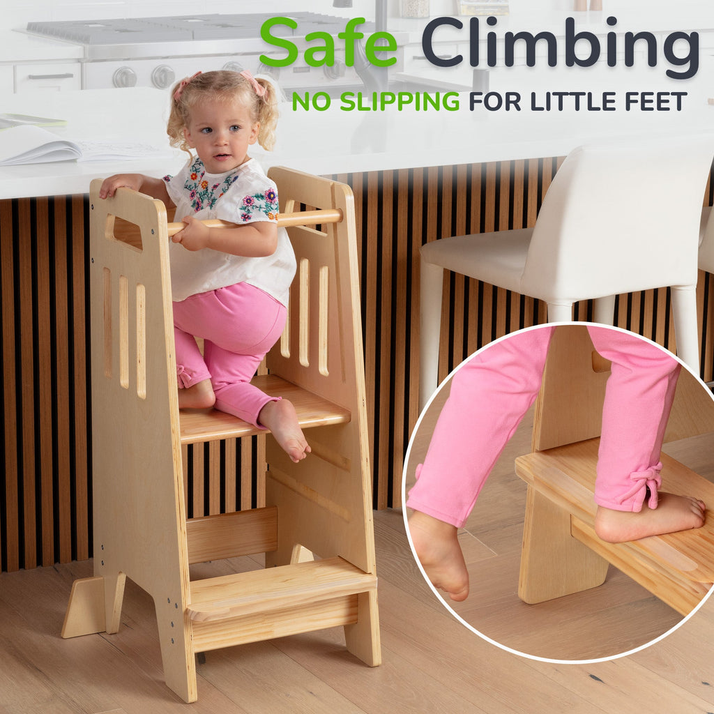 Montessori Toddler Tower with Sliding Safety Door – Adjustable Learning Tower for Kids in 5 Colors