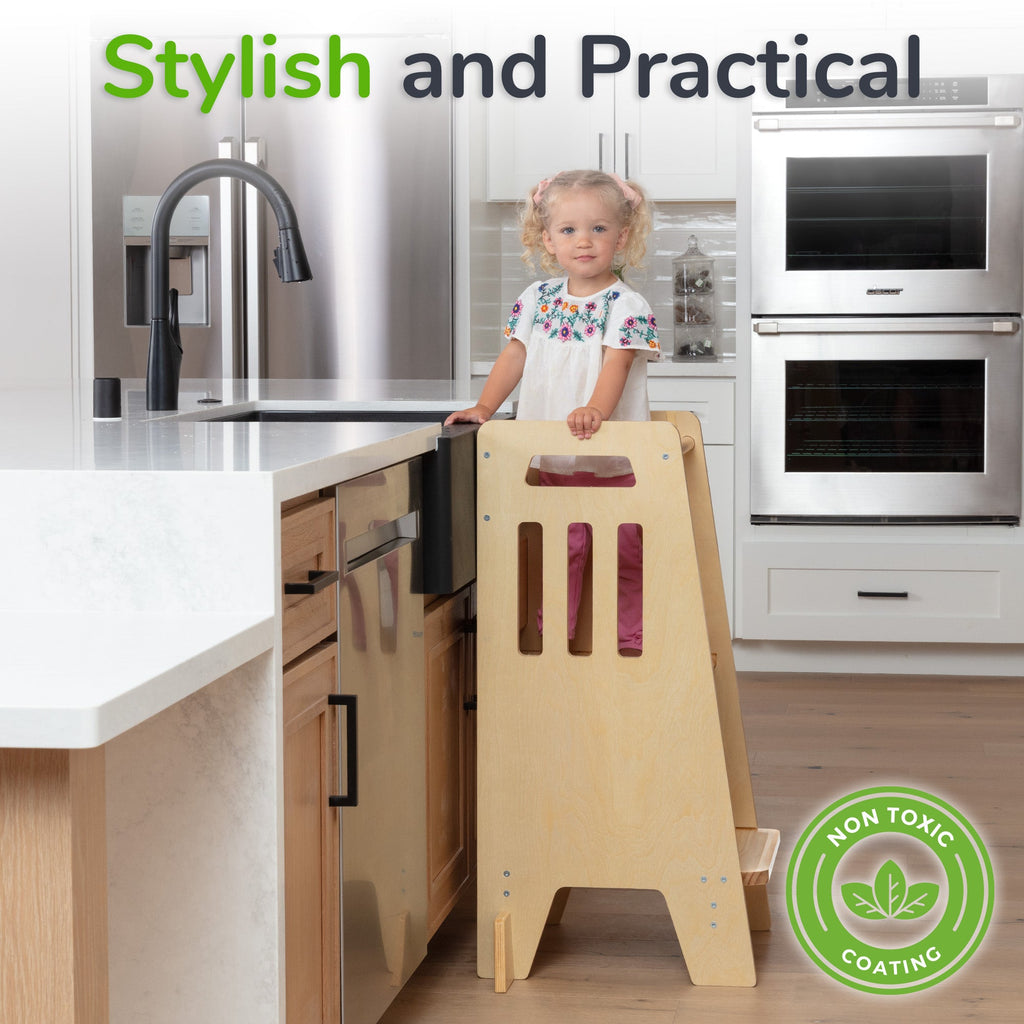 Montessori Toddler Tower with Sliding Safety Door – Adjustable Learning Tower for Kids in 5 Colors