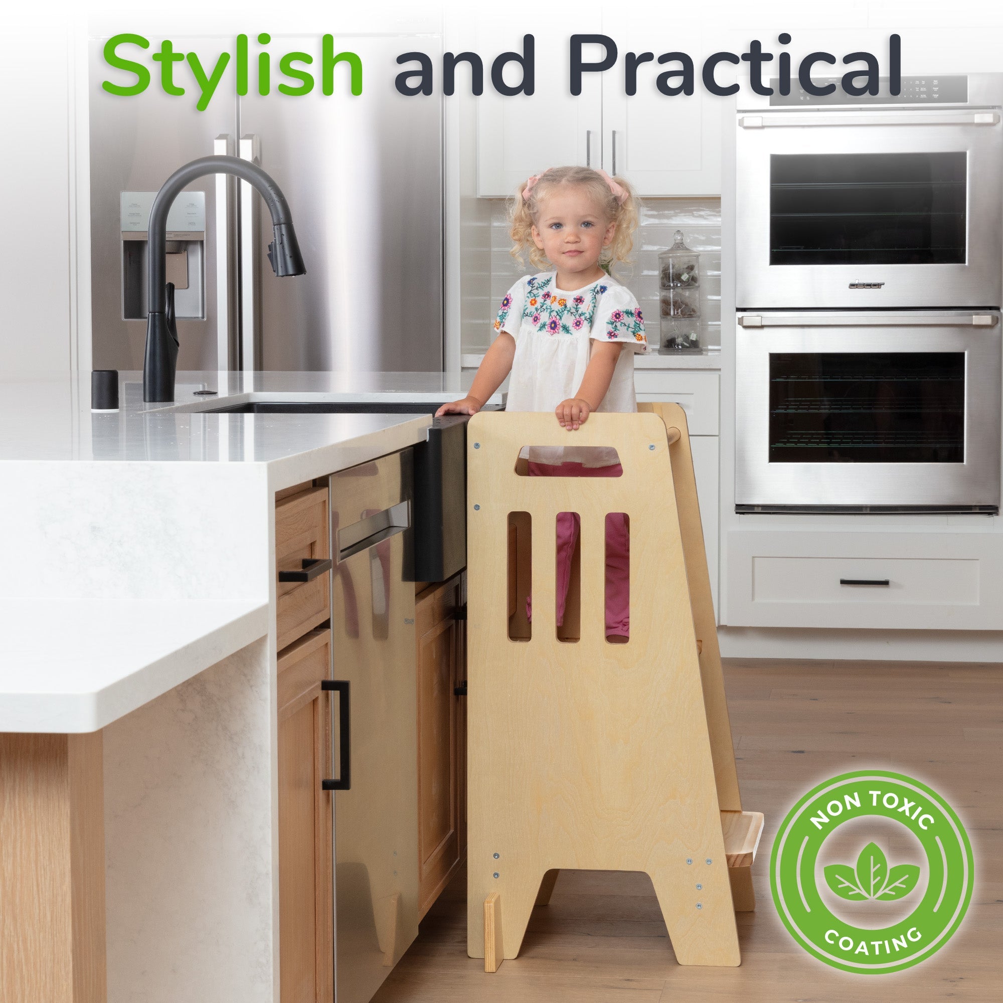 Montessori Toddler Tower with Sliding Safety Door – Adjustable Learning Tower for Kids in 5 Colors