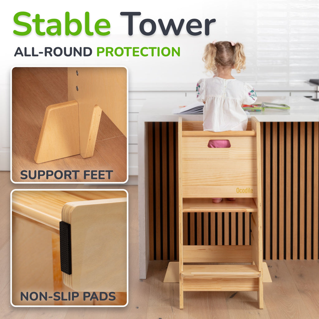 Montessori Toddler Tower with Sliding Safety Door – Adjustable Learning Tower for Kids in 5 Colors